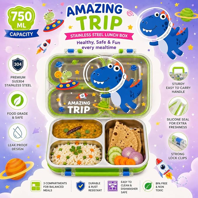 🚀🦖 Space Dino & Construction Truck | Ultimate Stainless Steel Lunch Box 🍱