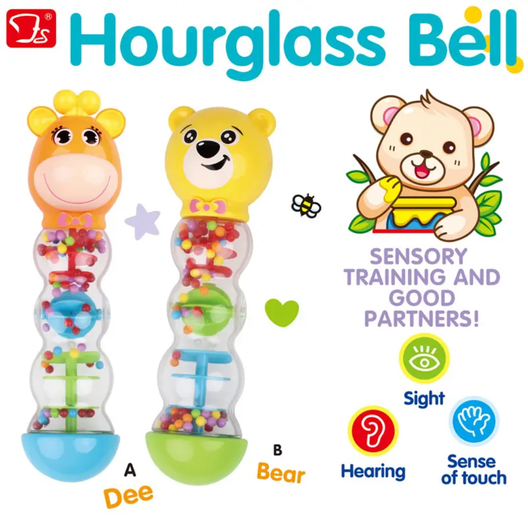 🐻 Baby Hourglass Bell Rattle – Soft Sound, Bright Colors